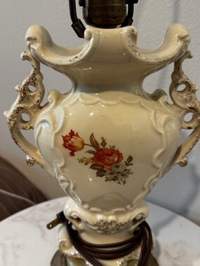 Ornate Cream Porcelain Table Lamp with Rose Motif